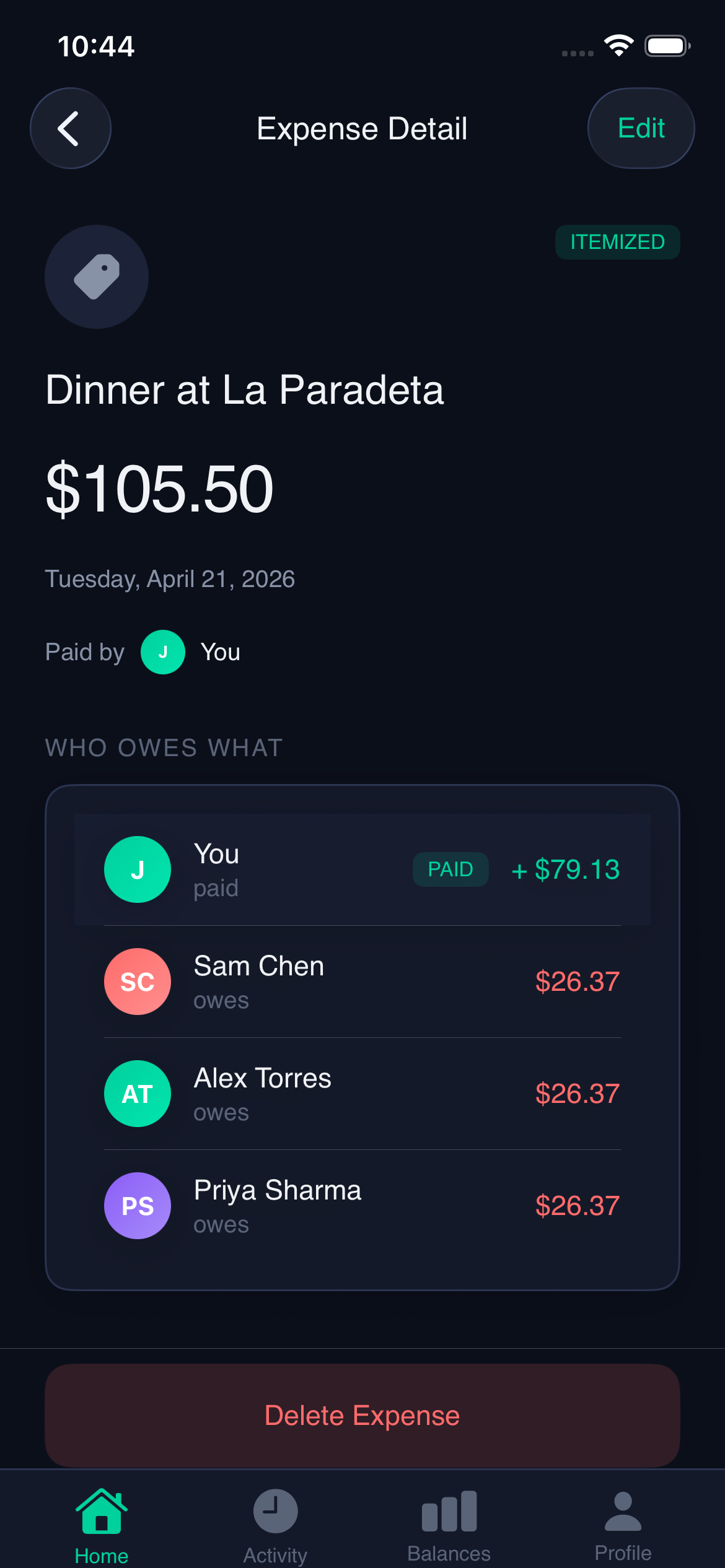 Tab group expense — per-person breakdown with items